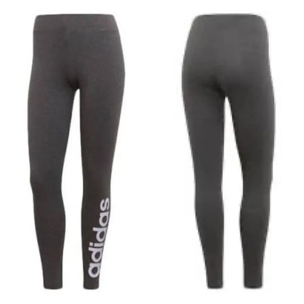 Adidas Essentials Linear Legging Heather Charcoal Gray Lavender Logo FM6689